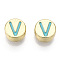 Alloy Enamel Beads, Cadmium Free & Lead Free, Flat Round with Initial Letters, Light Gold, Sky Blue, Letter V, 8x4mm, Hole: 1.6mm