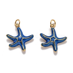 Pendentifs d'émail en laiton , avec anneau de jonction, Plaqué longue durée, véritable 18k plaqué or, étoiles de mer, bleu moyen, 19.3x17.6x3.5mm, Trou: 3.8mm