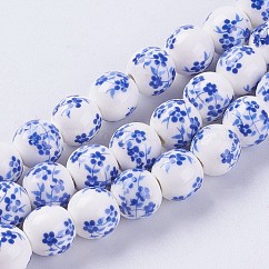 Cuentas de cerámica de la porcelana de la flor hecha a mano impresa hebras, redondo, azul, 8~8.5mm, agujero: 2 mm, aproximamente 42 pcs / cadena, 12.9 pulgada ~ 13.3 pulgadas (33~34 cm)