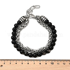 Pulseras multihebra con cuentas redondas de jaspe y hoja de plata natural&nbsp;BJEW-D330-02P-07