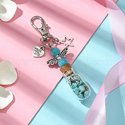 ペンダントの装飾の中に合成ターコイズが入ったガラスの願いのボトル  スター＆ハートのチベットスタイル合金と回転カニカンチャーム  86mm  ペンダント：58x21.5x13mm&nbsp;HJEW-JM01741-01