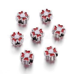 合金エナメルヨーロピアンビーズ  大穴ビーズ  クローバー  銀色のメッキ  レッド  12.5x12.5x9mm  穴：4.5mm&nbsp;ENAM-F095-04S-03