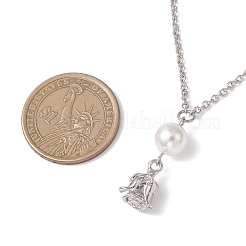 Женские ожерелья-цепочки с подвеской из сплава розы и круглого жемчуга из нержавеющей стали 304&nbsp;NJEW-JN05759-02