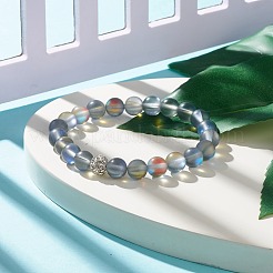 ラインストーン付き合成ムーンストーンラウンドビーズストレッチブレスレット  女性のためのアクセサリー用原石のアクセサリー  ライトグレー  内径：2-1/4インチ（5.8cm）&nbsp;BJEW-JB07888-02