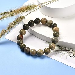 Bracelet extensible de perles rondes de jaspe feuille d'argent naturel pour hommes femmes&nbsp;BJEW-JB06824-03