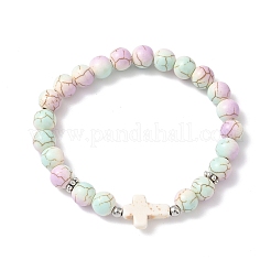 Браслеты из синтетических бирюзовых бусин круглой и крестообразной формы с запекаемой краской для мужчин и женщин BJEW-JB12339-02