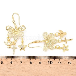 Серьги-подвески из латуни с прозрачными кубическими циркониями и крестом в виде птицы и морской звезды.&nbsp;EJEW-H182-01G