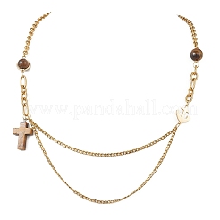 Женские ожерелья-цепочки из нержавеющей стали 304 с натуральным тигровым глазом&nbsp;NJEW-JN05755