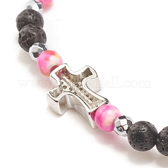 Bracelet extensible en perles de pierres précieuses mélangées naturelles et synthétiques avec croix en zircone cubique transparente pour femme&nbsp;BJEW-JB08247-04