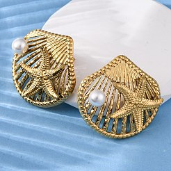 Серьги-гвоздики в форме ракушки с морской звездой из нержавеющей стали 304 с пластиковым имитацией жемчуга&nbsp;EJEW-Z109-04G