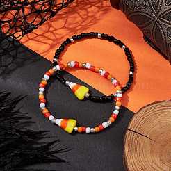 Set di braccialetti elasticizzati con perline di semi di acrilico e vetro da 2 pz 2 colori di caramelle di Halloween&nbsp;BJEW-JB10524