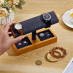 Présentoir à montres en bois en forme de T avec présentoirs en velours et plateaux rectangulaires pour bagues&nbsp;ODIS-PH0009-16A