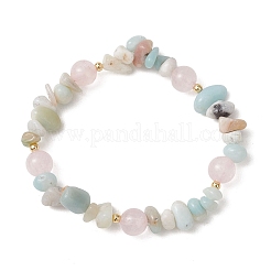 Pulseras elásticas redondas de cuarzo rosa natural y amazonita con flores y cuentas de latón para mujer&nbsp;BJEW-TA00715