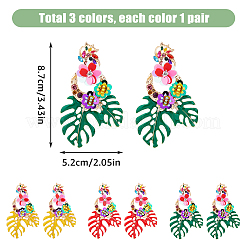 3 пара двухцветных сережек-гвоздиков с подвесками в виде цветов и листьев со стразами EJEW-FI0003-21