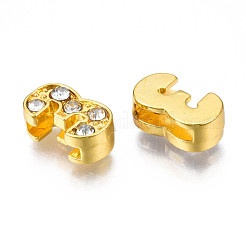 金メッキ合金スライドチャーム  クリスタルラインストーン付き  数  NUM。3  11~12x5~8x4~4.7mm  穴：1.5~1.7x8mm&nbsp;PALLOY-WH0065-28C-G
