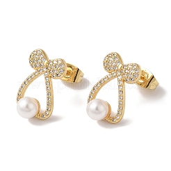 Серьги-гвоздики из латуни с микро-паве и бантом из прозрачного кубического циркония&nbsp;LS-EJEW-A110-06G