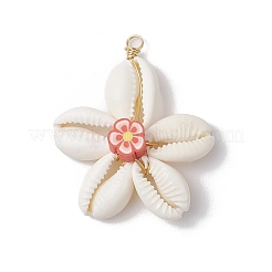 Подвески из натуральной ракушки каури и цветов ручной работы из полимерной глины&nbsp;PALLOY-JF03843