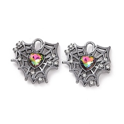 ラックメッキ合金ガラスペンダント  カドミウムフリー＆鉛フリー＆ニッケルフリー  ガンメタル トーンのスパイダー ウェブ & ハート チャーム  カラフル  26x25x5mm  穴：6x3mm&nbsp;FIND-I037-36A