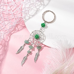 Брелки из плетеной сетки/паутины с перьевым сплавом и смешанными драгоценными камнями и стеклянными семенами KEYC-MZ00041