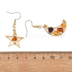 Boucles d'oreilles pendantes étoile et lune en fil d'ambre naturel&nbsp;EJEW-JE07532