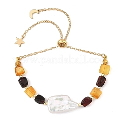 Bracelets coulissants ajustables en perles baroques keshi rectangulaires et perles d'ambre naturel&nbsp;BJEW-JB14505