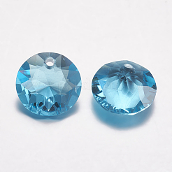 カット加工ガラスラインストーンチャーム  模造オーストリアのクリスタル  フラットラウンド  アクアマリン  10x5mm  穴：1.2mm&nbsp;RGLA-F051-10mm-202