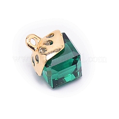 ガラスチャーム  合金のパーツと  キューブ  エメラルド  15x10x10mm  穴：1.6mm&nbsp;GLAA-SZC0004-02J