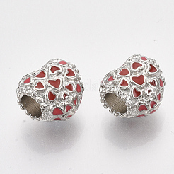 合金ヨーロピアンビーズ  赤いエナメル  大穴ビーズ  ハート  プラチナ  10x12x7.5mm  穴：4.5mm&nbsp;MPDL-S067-37