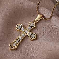 Винтажные ожерелья с подвеской-крестом из нержавеющей стали 304 с прозрачным стеклом для женщин&nbsp;KE6817