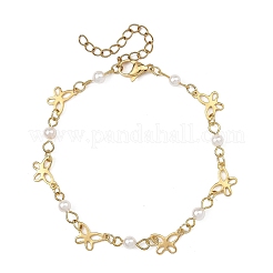 女性用304ステンレススチール＆シェルパールリンクブレスレット  蝶  18KGP本金メッキ  7.28インチ（18.5cm）&nbsp;BJEW-JB14096