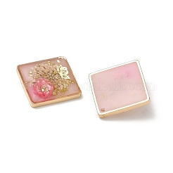 真鍮メッキ、透明エポキシ樹脂、ドライフラワーのペンダント  花と蝶の模様が入った菱形のチャーム  グリッターパウダー付き  ピンク  25x24.5x6mm  穴：0.9mm&nbsp;RE-CBAA153-05C