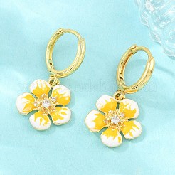 真鍮製マイクロパヴェキュービックジルコニアフープピアス  エナメル  花  鉛フリー＆カドミウムフリー  ラックめっき  長持ちメッキ  18KGP本金メッキ  ゴールド  30x15mm&nbsp;KK-CBA8324-10G-02