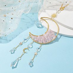 Украшения из натуральной розовой кварцевой крошки и латунной подвески в виде луны в проволочной обертке HJEW-JM01504-01