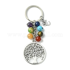 7 porte-clés pendentif en perles de pierres précieuses chakra avec breloque arbre de vie en alliage de style tibétain&nbsp;KEYC-JKC00542