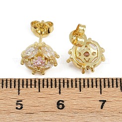 Латунные плоские круглые серьги-гвоздики с микропаве из прозрачных кубических цирконий EJEW-L101-01G