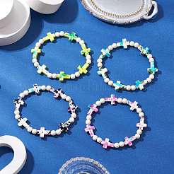 4шт 4 цвета окрашенные синтетические бирюзовые круглые бусины эластичные браслеты для женщин и мужчин BJEW-JB11609