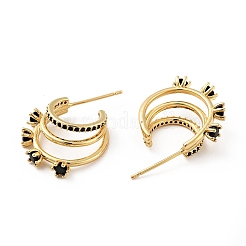 キュービックジルコニアのC型スタッドピアス  本物の 18k ゴールド メッキ 真鍮 チャンキー ハーフ フープ イヤリング 女性用  カドミウムフリー＆ニッケルフリー＆鉛フリー  ブラック  19x18x6mm  ピン：0.8mm&nbsp;EJEW-G297-25G-01