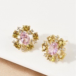 Цветок латуни микро проложить кубического циркония серьги стержня EJEW-M082-20G