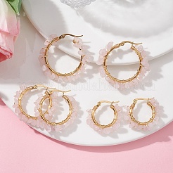 3 サイズの天然ローズクォーツチップフープピアス 3 ペア  304ステンレスワイヤーラップイヤリング  23~35x5~8.5mm  1ペア/サイズ&nbsp;EJEW-JE05710-01