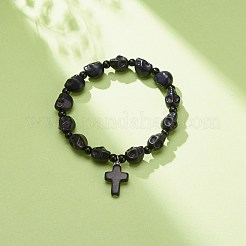 Pulsera elástica con cuentas de calavera de jade natural mashan y colgante cruzado de turquesa sintética (teñida)&nbsp;BJEW-JB08378-03