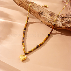 Collana da donna con ciondolo a cuore in acciaio inossidabile 304 e perline di occhio di tigre naturale.&nbsp;WG2C0E0-01
