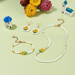 ガラスの花と貝殻のパール ビーズ ダングル イヤリング ブレスレット ネックレス  女の子の女性のための花柄の真鍮ジュエリーセット  ゴールドカラー  7.24インチ（18.4cm）  17.36インチ（44.1cm）  51mm  ピン：0.8mm&nbsp;SJEW-TA00006
