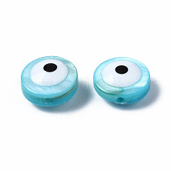 天然淡水シェルビーズ  エナメル  染め  ナザールボンジュウ付きフラットラウンド  空色  8x3~4mm  穴：0.8mm&nbsp;SHEL-S278-001A