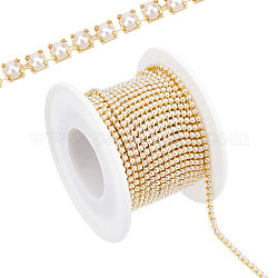 Латунь чашка цепи, с абс пластмассовой имитационной жемчужиной, с катушкой, свадебное платье декоративные цепочки, золотые, 2x2 мм, 10 м / рулон