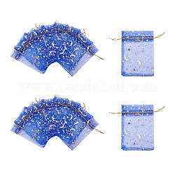 Organza Bags, with Moon and Star Pattern, Blue, 11.4~12.4x8.8~9cm