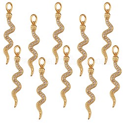 10Pcs Brass Micro Pave Cubic Zirconia Pendants, Long-Lasting Plated, Snake, Lead Free & Nickel Free & Cadmium Free, Clear, Real 18K Gold Plated, 29x6x2mm, Hole: 3mm