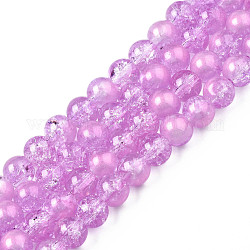 Hebras de perlas de vidrio craquelado translúcido, con polvo del brillo, redondo, orquídea, 8x7.5mm, agujero: 1 mm, aproximamente 100~105 pcs / cadena, 31.50 pulgada ~ 33.07 pulgadas (80 cm ~ 84 cm)