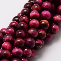 Natural Tiger Eye Round Beads Strands, Dyed & Heated, Fuchsia, 12mm, Hole: 1mm, about 32pcs/strand, 15.7 inch