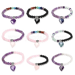 Natural & Synthetic Round Beaded Stretch Bracelets, with Half Heart Charms, Inner Diameter: 2-1/4 inch(5.75cm)