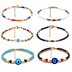 Ensemble de bracelets en perles de verre 6pcs 6 styles, bracelets multi-rangs mauvais œil, croix avec mauvais œil perles bracelets pour femmes, couleur mixte, 7-1/8~7.68 pouce (18~19.5 cm), 1pc / style